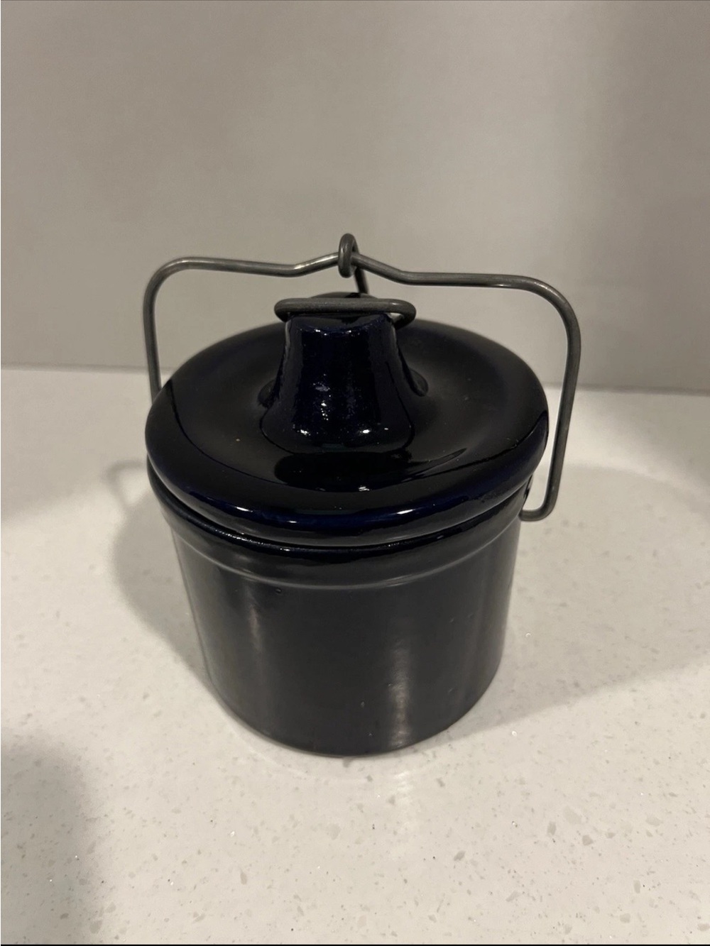 VINTAGE COBALT BLUE STONEWARE CROCK WIRE TOP FLOUR SUGAR CONATAINER FARMHOUSE